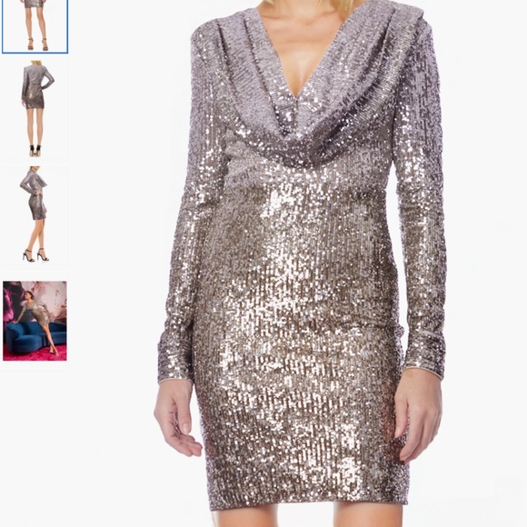 Jewel Badgley Mischka Ombré Sequin Cowl Neck Long Sleeve Cocktail Minidress, 8 - Picture 1 of 16
